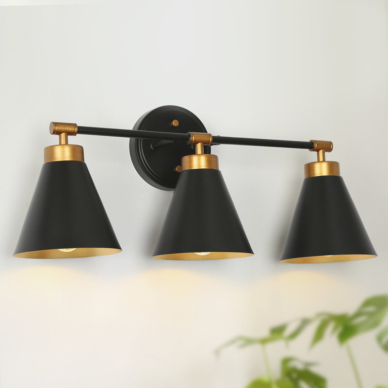 Luminaire de salle de bain 3 lumières à intensité variable avec abat-jour en laiton noir