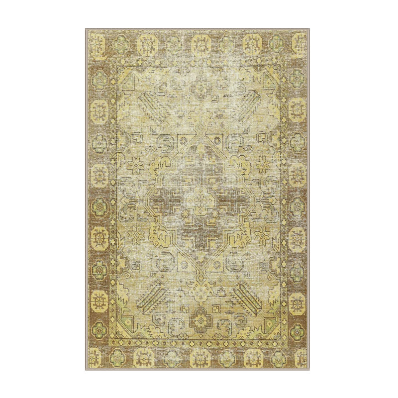 Tapis jaune/brun traditionnel Bawnard, Rectangle 5 pi x 7 pi