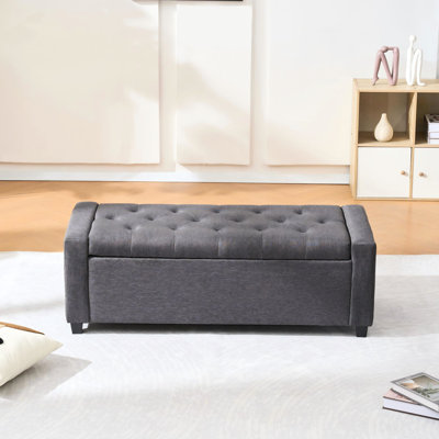 Banc de rangement de 122 cm avec charnières, accoudoirs rembourrés en simili lin, gris, style traditionnel américain, forme rectangulaire, assise mi-ferme, rangement intégré, carré
