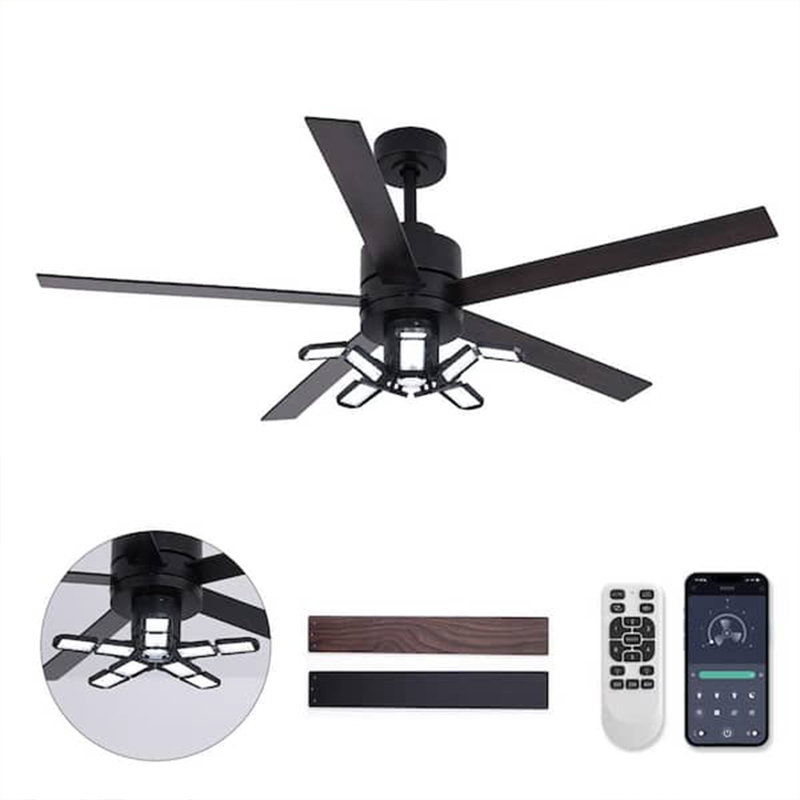 Ventilateur de plafond noir d'intérieur de 56 po avec lumière DEL à intensité variable, ventilateur de garage avec télécommande