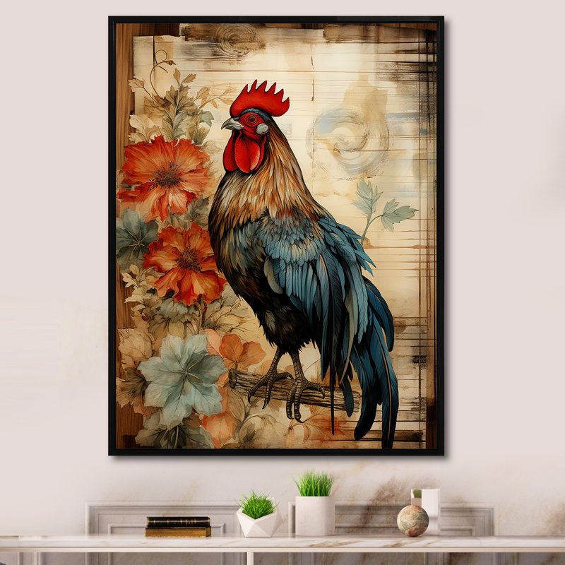 Art mural rétro, coq pastoral rétro, Cadre flottant noir, H 20 po x l 12 po x P 1 po