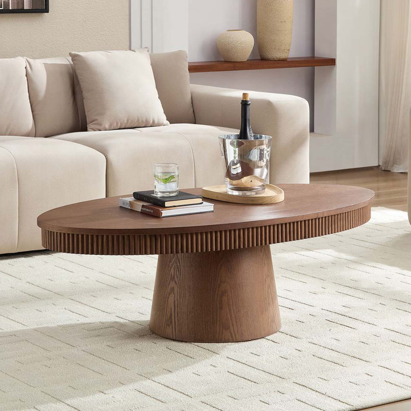 Table basse cylindrique ovale pour le salon, table basse Ellipse avec piédestal robuste, Noyer