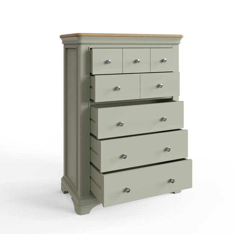 Joulon 8 Drawer Chest of Drawers. Solid Wood. Oak Top. Fully Assembled., Green