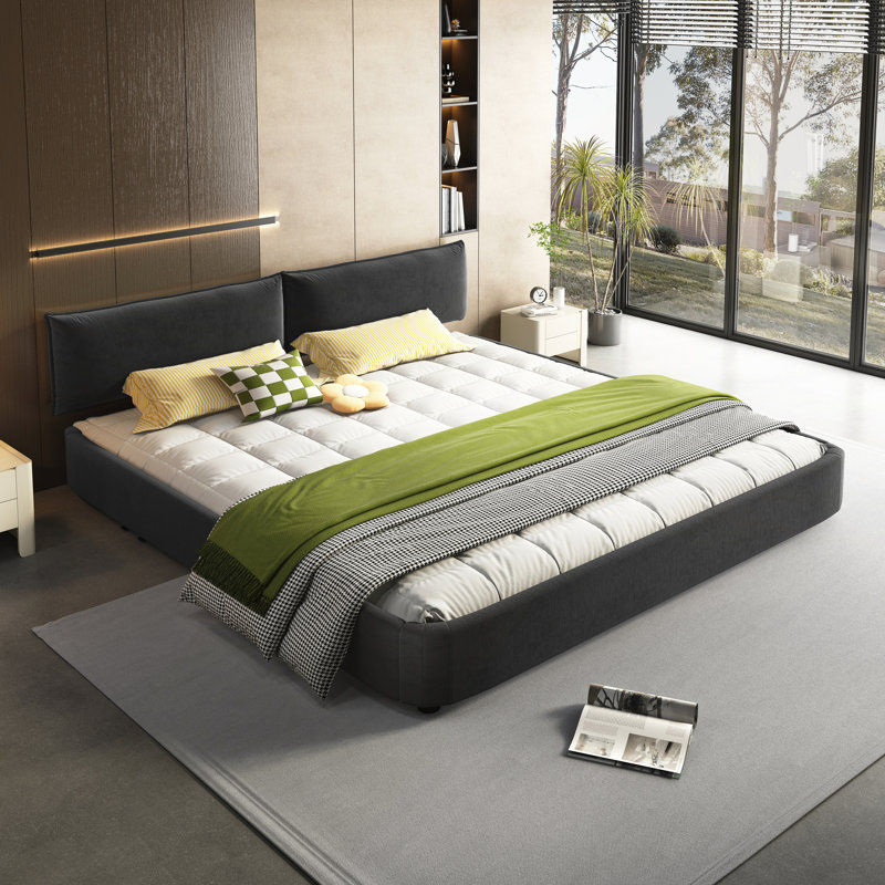 Structure de lit Cloud avec tête de lit mobile surdimensionnée et rembourrée, lit tapissier en chenille avec coin rond, support double à lattes en bois massif et en métal, aucun sommier nécessaire
