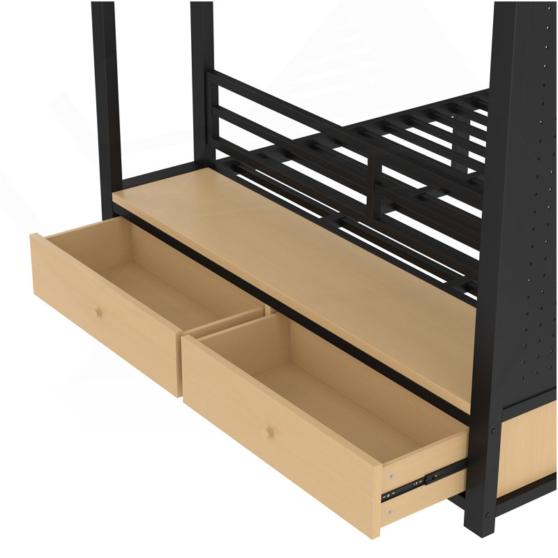 Grand lit superposé en métal pour les adolescents avec tablettes de rangement, tiroirs et panneau perforé, noir