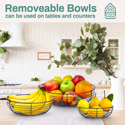 Heavy Duty 3-Tier Hanging Fruit and Vegetable Basket with 2 Metal Ceiling Hooks, Black
