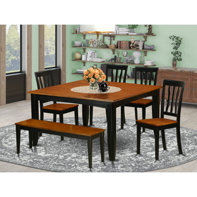 Ensemble de table de salle à manger 6 pièces moderne comprenant une table carrée en bois avec feuille papillon et 4 chaises de salle à manger avec banc, noir et cerise, 54 x 54