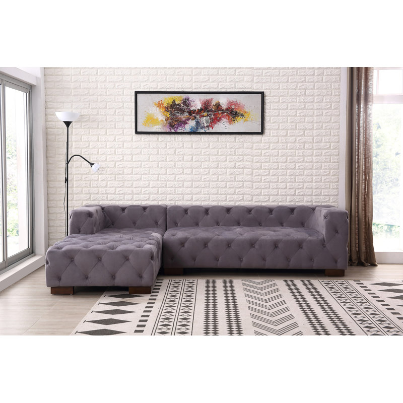 Velvet L-Shaped Sectional, Gray Velvet, Left Hand Facing