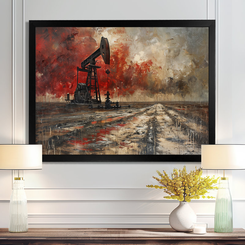 «Red Winter Oil Fields Industrial Icon II - Oil Rigs / Fields», reproduction d'art murale, Toile encadrée noire simple
