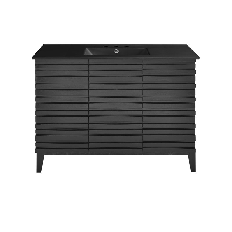 Meuble-lavabo en chêne noir Cascade 48 po avec comptoir en céramique noir à 3 trous, Chêne noir, Noir, 8 po