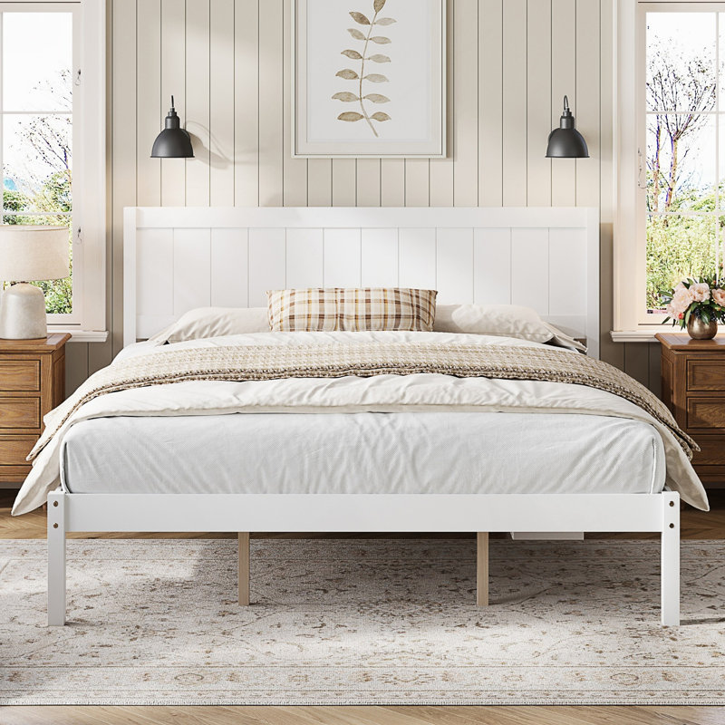 Structure de lit plateforme très grand avec tête de lit, support en lattes de bois, aucun sommier requis, White
