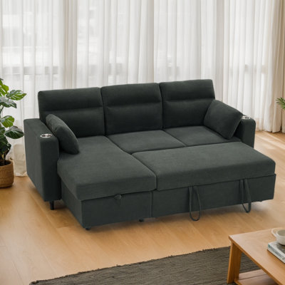Canapé-lit convertible en L de 82,5 pouces avec lit escamotable, méridienne de rangement, porte-gobelets et coussins décoratifs