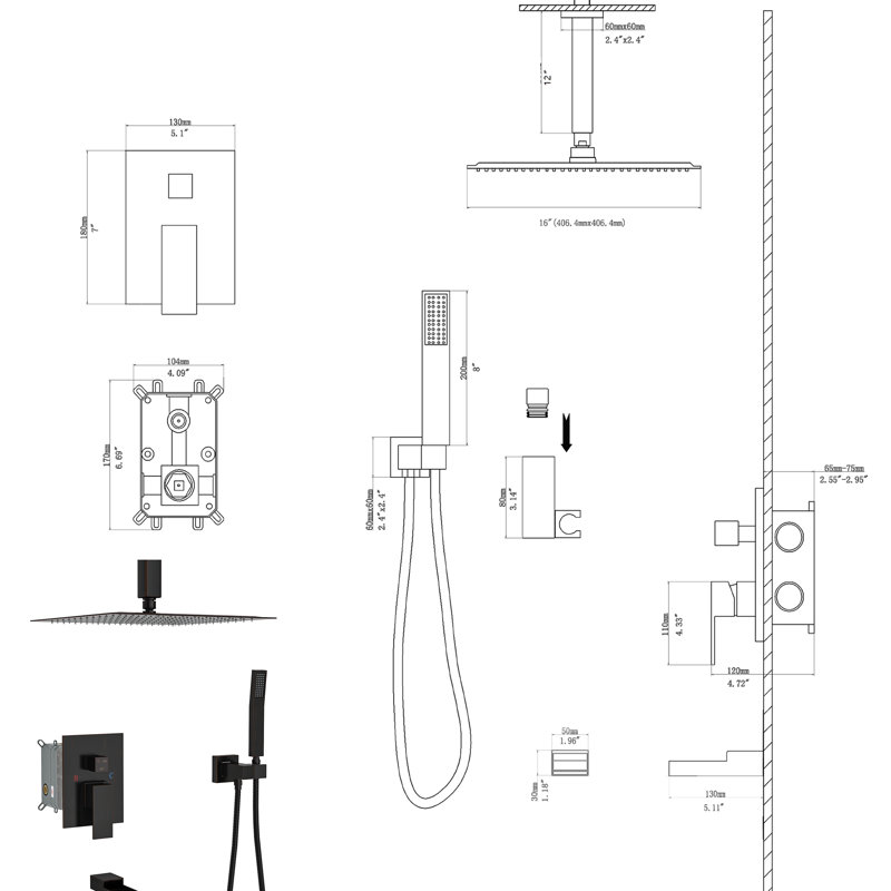 Tête de douche à fixation au plafond 16 po, bec cascade, douchette avec débit d'eau réglable Oui Douche à monter: baignoire