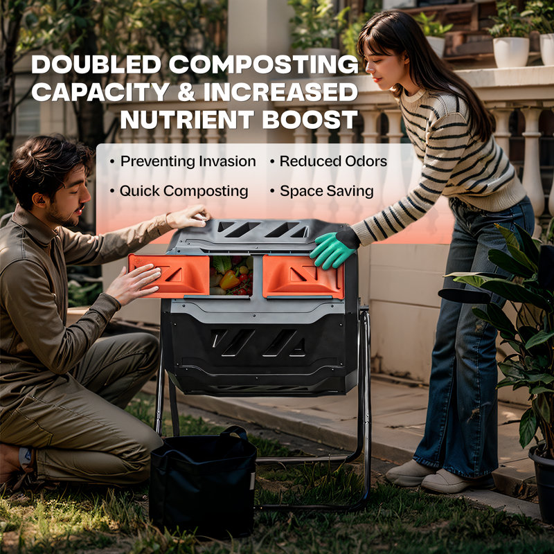 43 Gallon Black and Orange Dual Chamber Rotating Composter Tumbler
