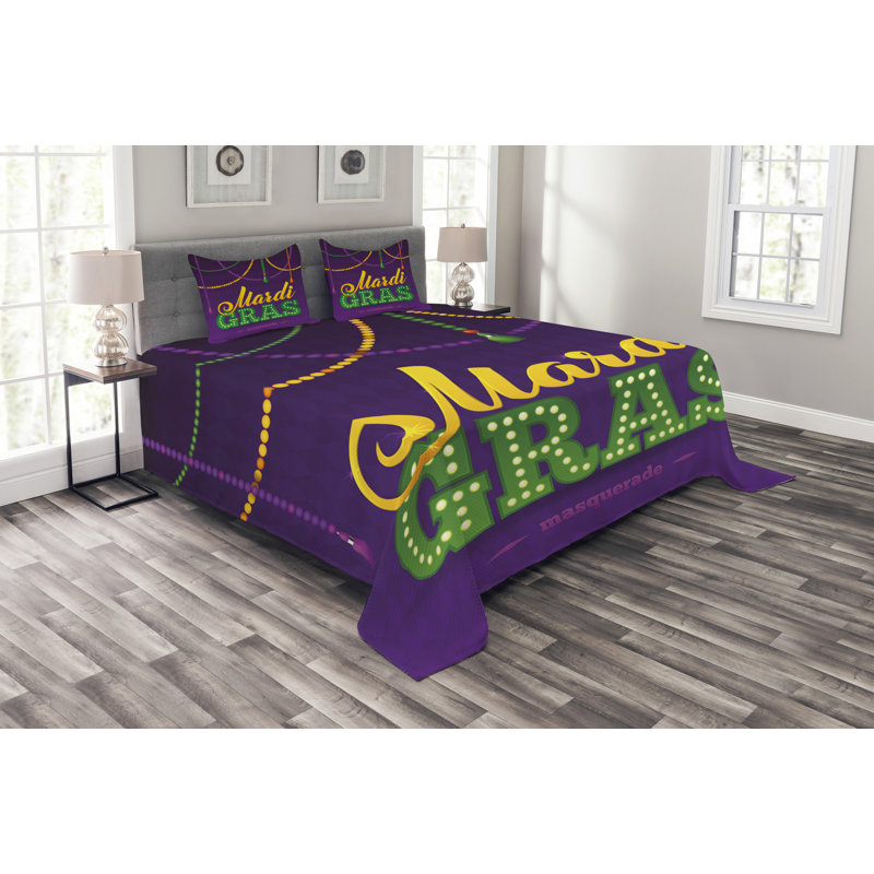 Aerianna Purple/Green/Yellow Microfibre Bedspread Set, 220 x 264 cm