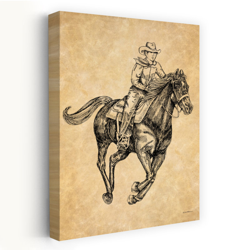 Cowboy sur cheval I - art rétro d'un cavalier, H 36 po x l 24 po