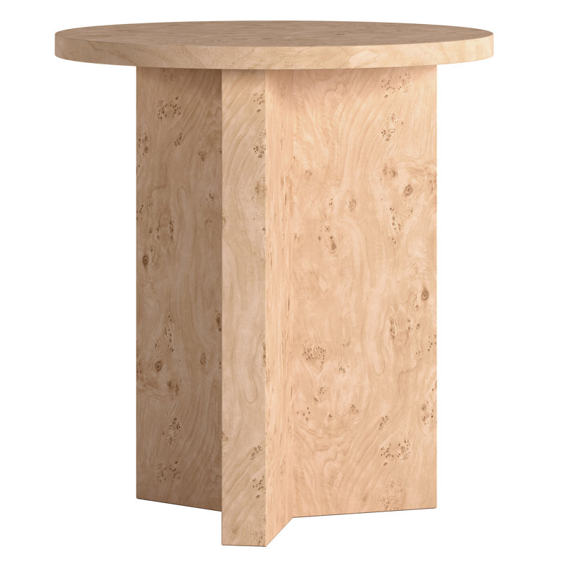 Potbelly 20" Round Side Table with Cross Base in Blonde Burl | Mid-Century Modern Accent Table for Living Room or Bedroom