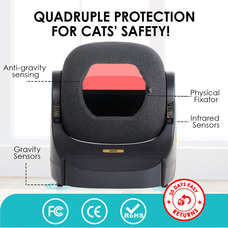 Litière pour chat Der Vierbeiner automatique, litière autonettoyante pour chats multicolores avec système de sécurité avancé, litière pour chat très grande / contrôle d'application avec tapis