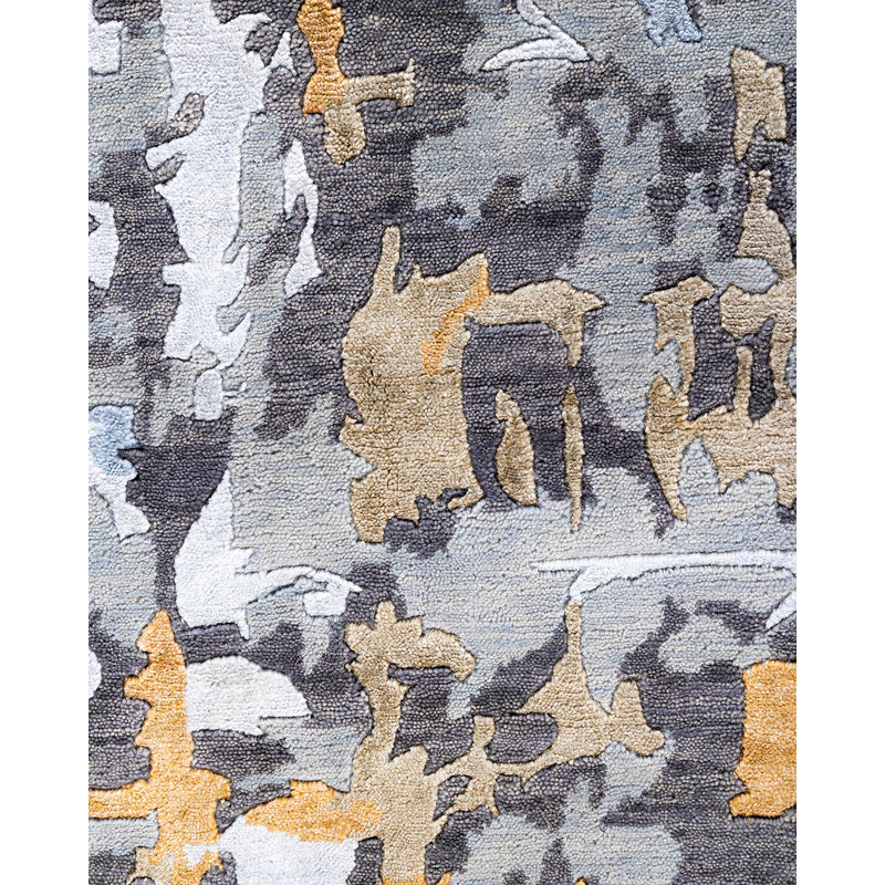 Gray Hand-Knotted Wool and Silk Rectangular Area Rug