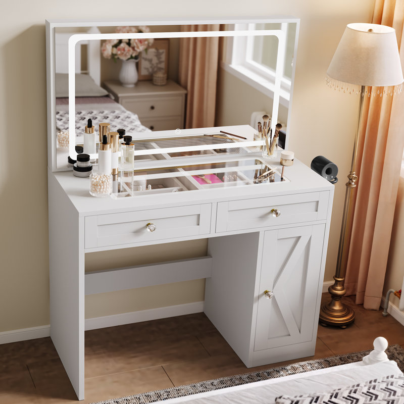  Dressing Table With Mirror,White Makeup Desk with Glass Tabletop