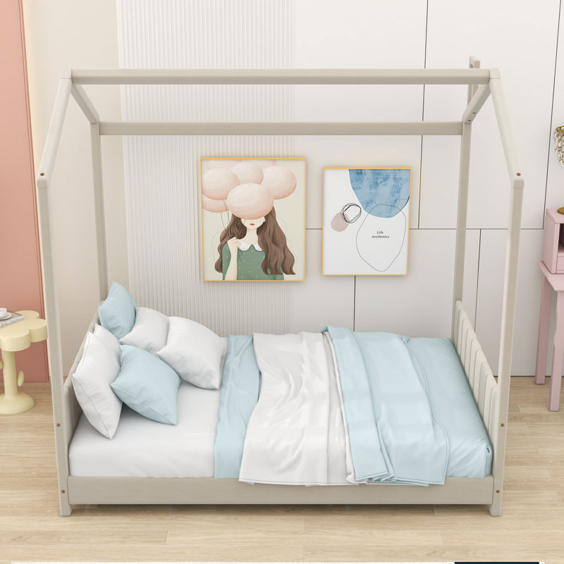 Lit de maison rembourré avec toit, Beige, Double