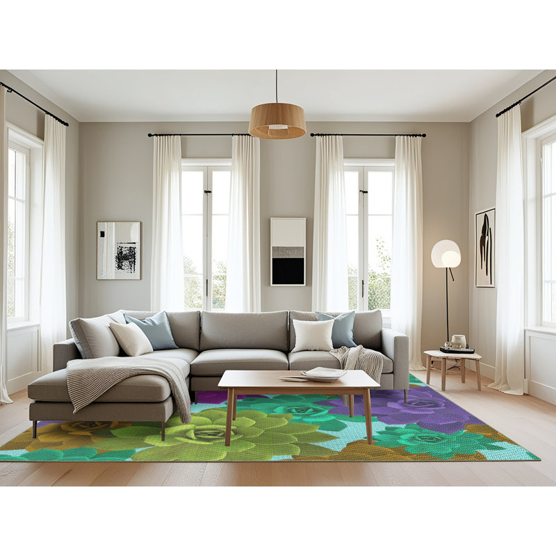 Tapis rose/vert/jaune tissé à la machine, Rectangle 8 pi x 12 pi