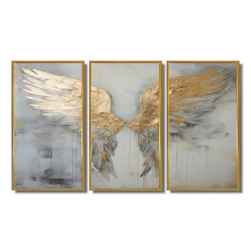 Dicha - Ailes d'ange, ensemble de décorations murales, Cadre flottant doré, H 32 po x l 48 po x P 1 po