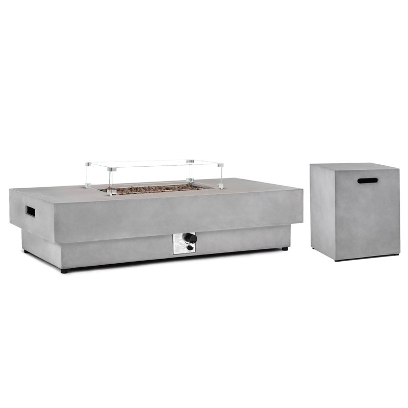 Table de foyer d'extérieur au propane en béton de 60 pouces, 50 000 BTU, ensemble de 3 pièces avec pare-vent en verre et couvercle de réservoir, pour patio ou terrasse