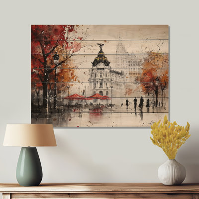 Rues vibrantes de Madrid en automne II - Art mural en bois industriel sur bois de pin naturel