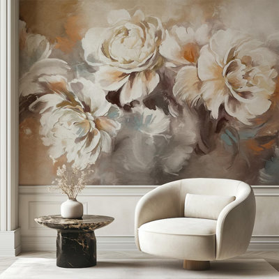 Large Neutral Floral Wall Mural, Abstract Beige Peony Wallpaper, Modern Painterly Flower Wall Art, Elegant Living Room Bedroom Accent Wall Decor
