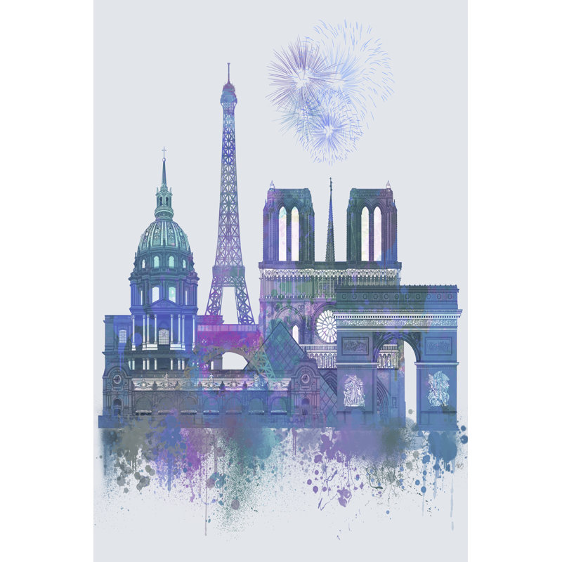 Paris Skyline Watercolour Splash Blue - Wrapped Canvas Print, 46cm H x 30cm W x 3.8cm D