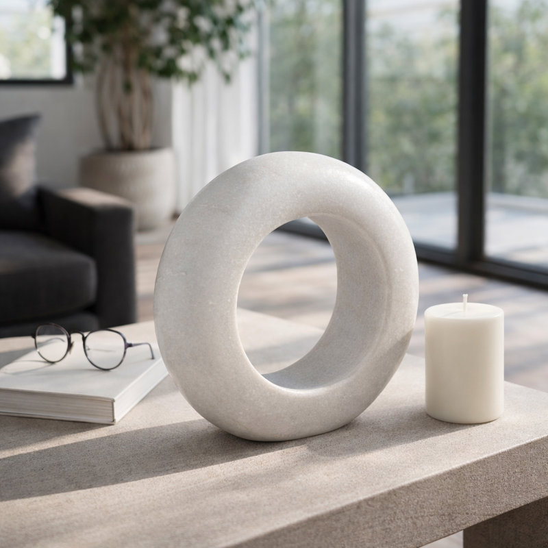 Usko White Marble Ring Tabletop Decor, Interior Decoration Accessories, Crafted Decorative Objects, 10" H x 10" W x 3" D