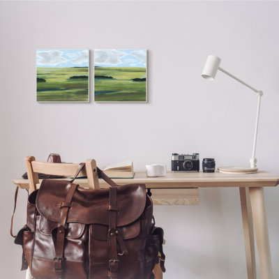 «Rustic Green Valley Trees Abstraction Blue Sky» par Grace Popp, ensemble de 2 peintures sur bois