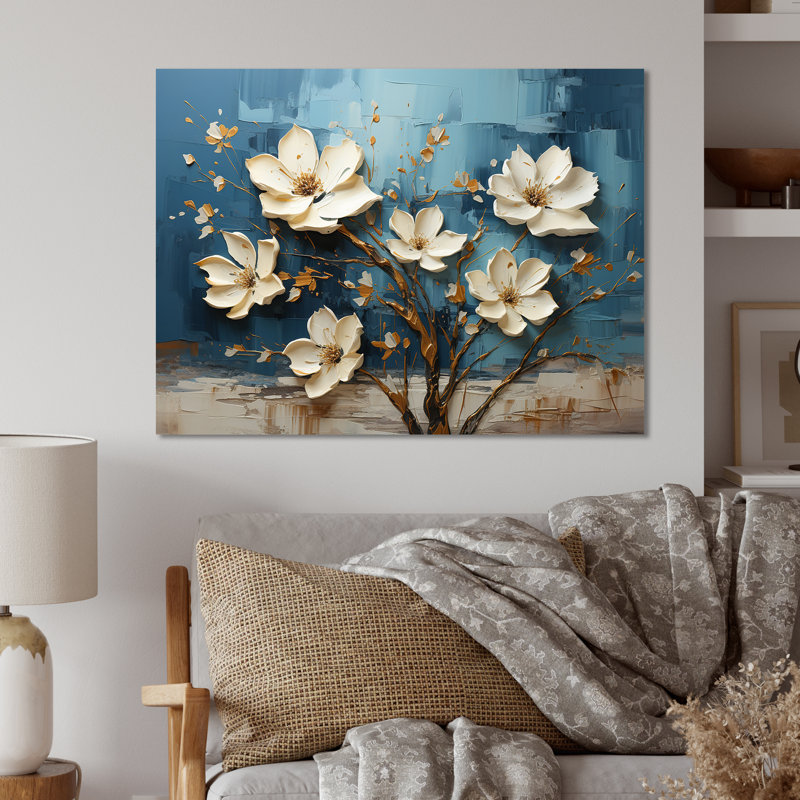 Orchidée bleue et blanche jardin de branches V - Art mural floral abstrait en métal, H 30 po x l 40 po x P 1,5 po