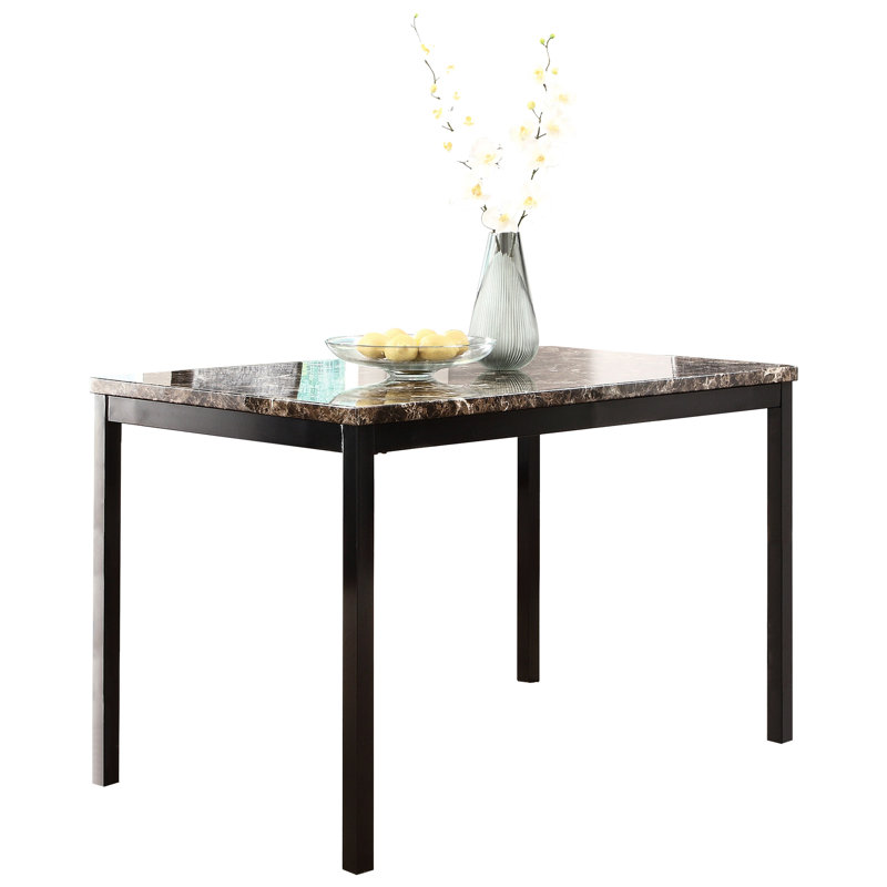 Table de salle à manger avec plateau en faux marbre brun et structure en métal noir, transitionnel, 4 sièges et table transitionnelle, capacité 4