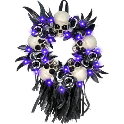 Couronne d'Halloween 16 po x 28 po avec crâne de pompon noir et 20 lumières DEL mauves pour la porte d'entrée