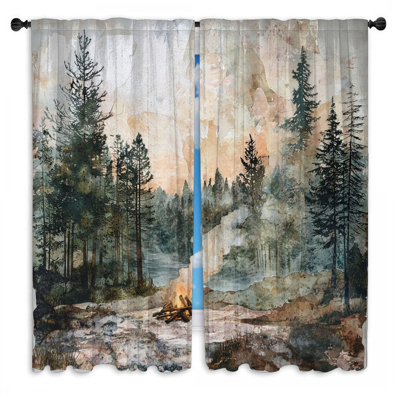 Forest Campfire Scene Window Curtains Campfire Sheer & Room Darkening - 2 Panels, 40in x 50in - 2 panels, Sheer