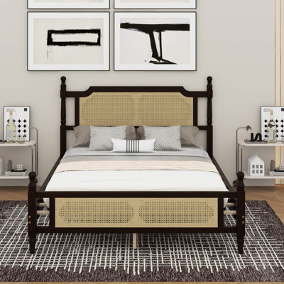 Wood Bed Frame With Rattan Headboard