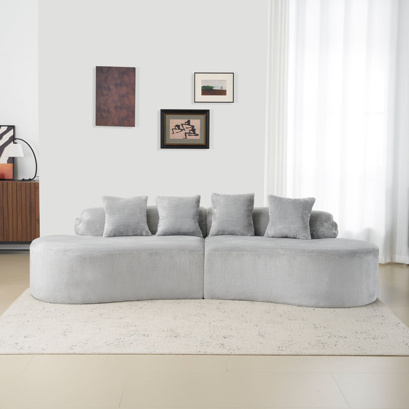 Modern Minimalist Curved Flannelette Sofa - Multi-seater, Pillows Included For Living Room, Light Grey