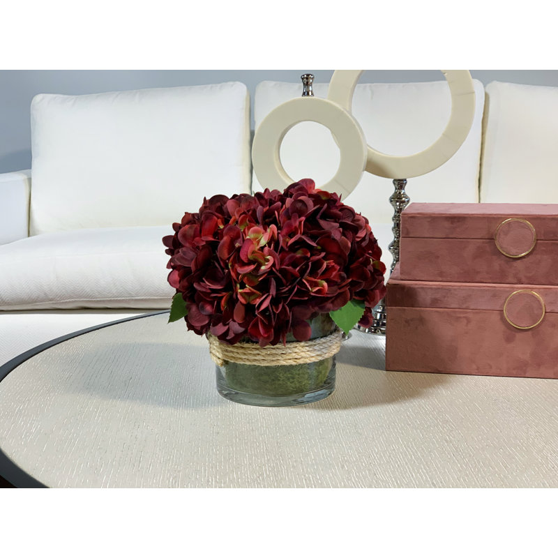 Sarina Hydrangea Floral Arrangement in Glass Vase with Moss, Burgundy