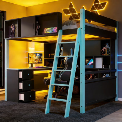 Full Size Wood Loft Bed With Desk, Ample Storage Space And Light