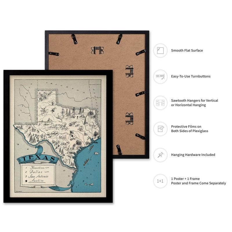 Carte illustrée du Texas, Black Framed, Poster, 08"H x 10"W