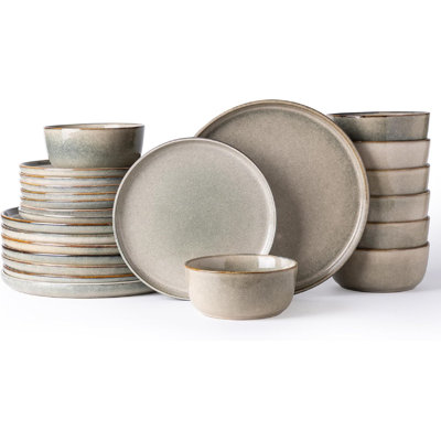 Stone tableware set, circular reaction glazed ceramic plate and bowl set, 8 sets of tableware service (24 pieces set)
