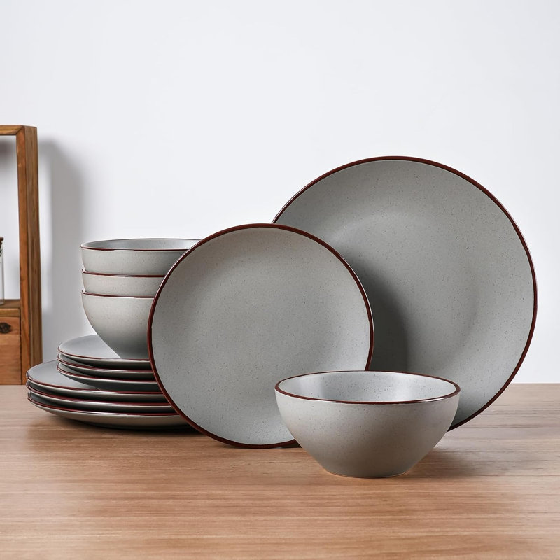 Ensemble 12 pièces de vaisselle en céramique moucheté 12 pièces pour 4 - assiettes et bols sans plomb modernes, empilables, lavables au lave-vaisselle et au micro-ondes