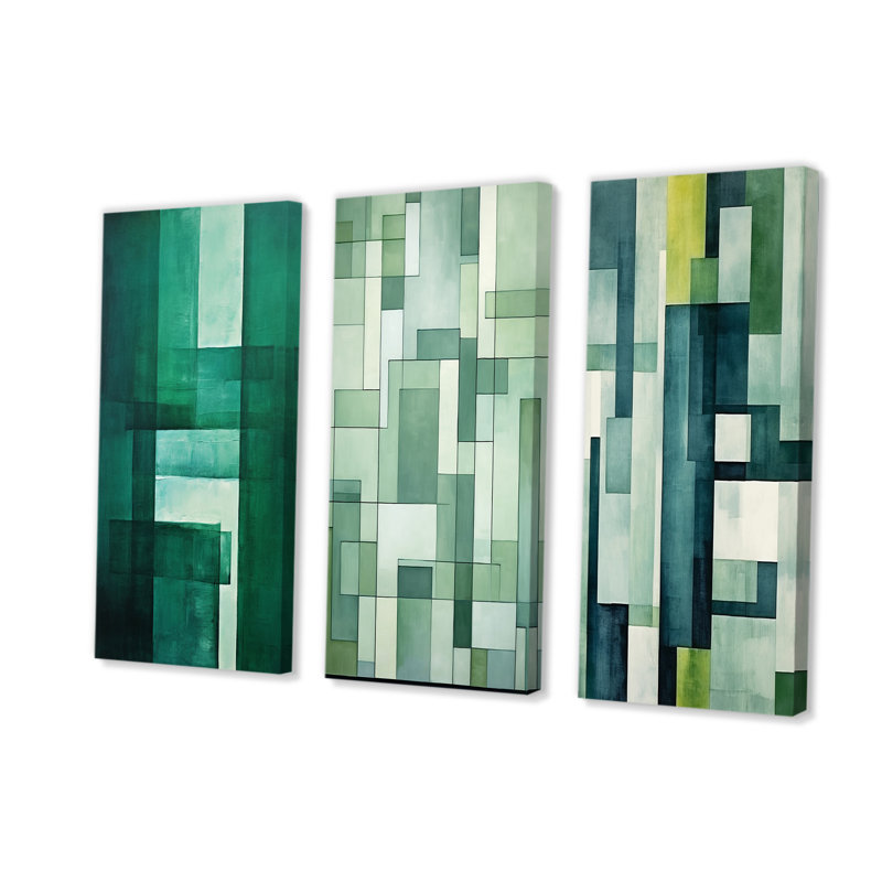 Green Cubic Line Art Deco - Ensemble de salon mural abstrait géométrique 3 pièces, Toile tendue, H 28 po x l 36 po