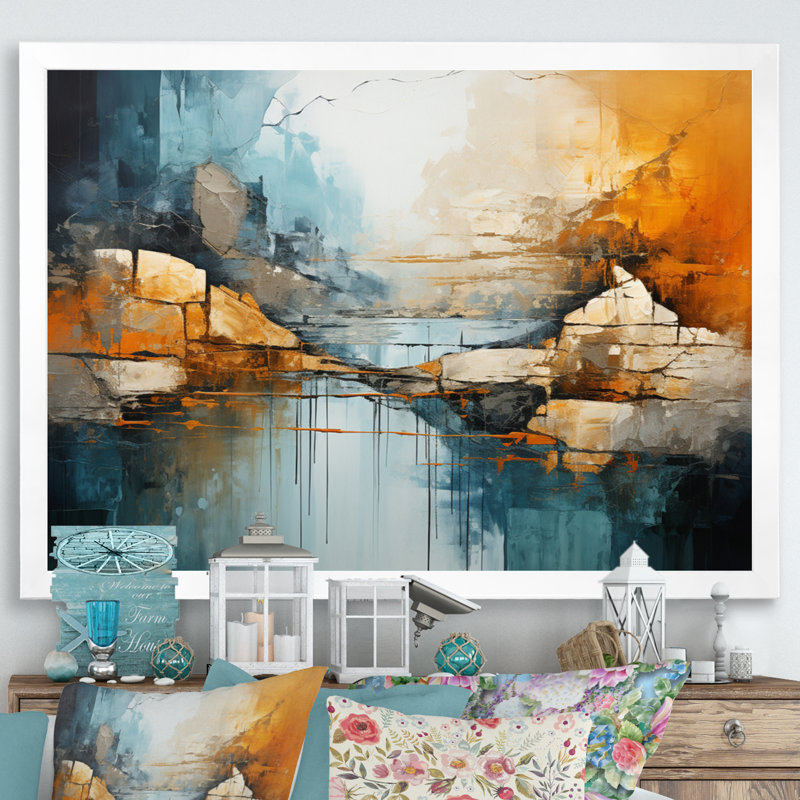«River Flowing Waters Collage I», reproduction d'art sur toile moderne, H 24 po x l 32 po x P 1 po, Cadre simple blanc