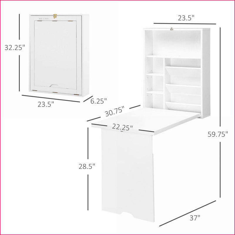 Bureau convertible mural avec tablettes de rangement, moderne | Blanc | Panneau de fibres à densité moyenne