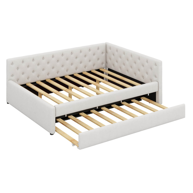 Lit plateforme tapissier double capitonné avec lit gigogne simple TG, Beige