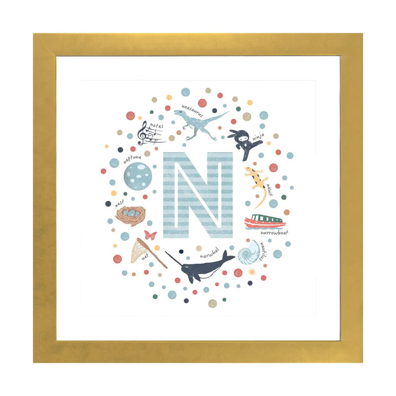 Lettre illustrée N bleue - impression, Blanc, H 16 po x l 16 po x p 1 po, Papier encadré doré