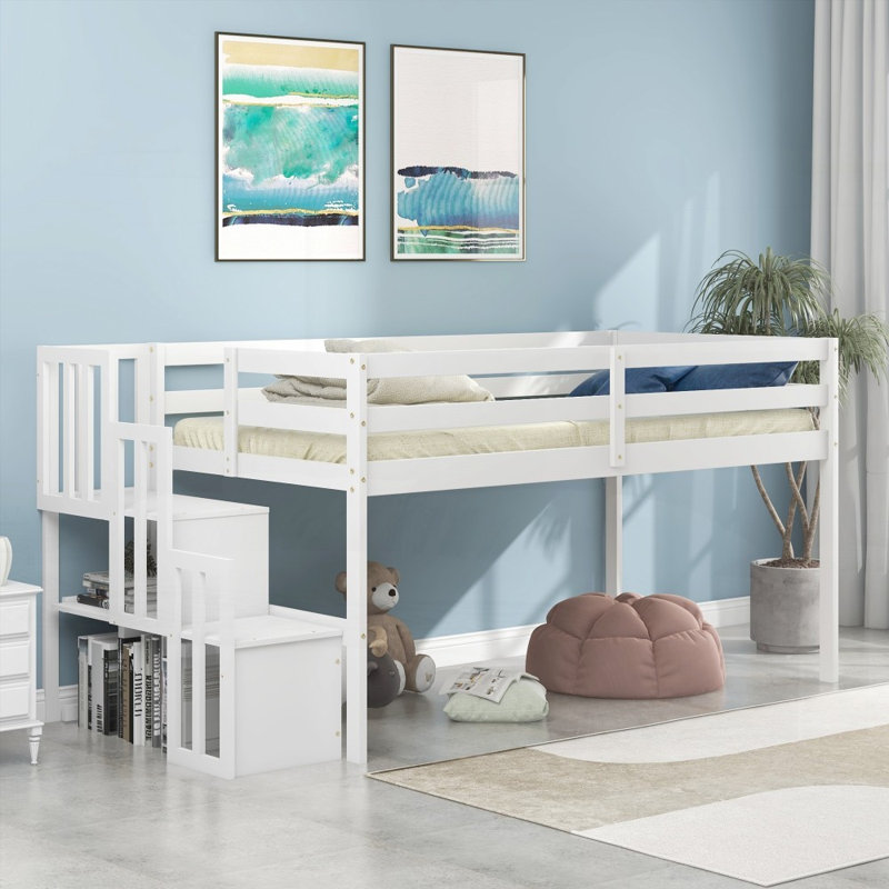 Lit mezzanine simple avec escalier, aucun sommier nécessaire, robuste et amp; Durable, Blanc